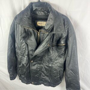 Prestige Black Leather Motorcycle Bomber Jacket Large Heavy Weight w/ Liner